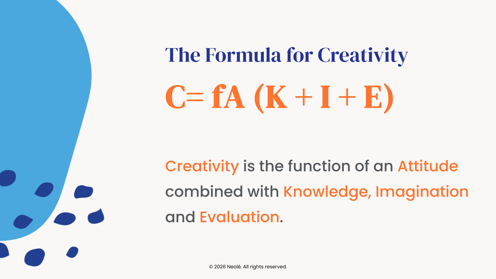 Creativity formula: C = fA(K + I + E)