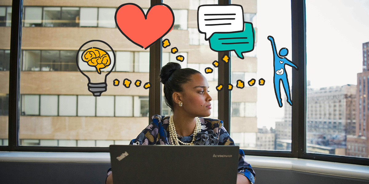 A women sitting infront of a laptop looking to the right. She has illustrated images of a heart, conversation bubble, human body, and a light bulb with a brain in it hovering over her head like she is thinking about which area of well-being she should focus on